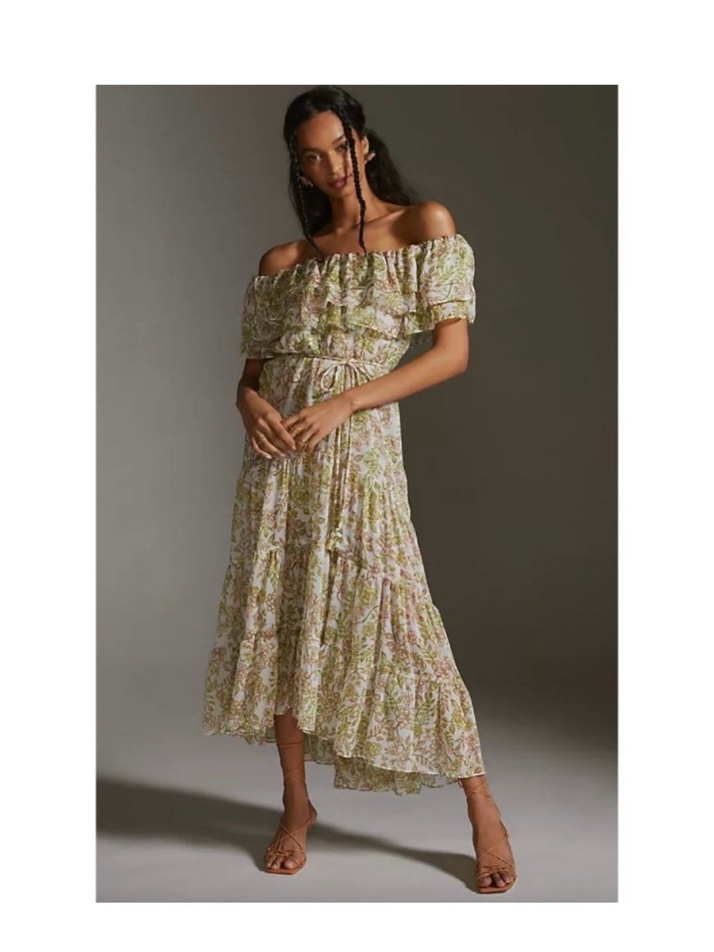 Misa Los Angeles Off-Shoulder Floral Maxi Dress in Light Green and Cream